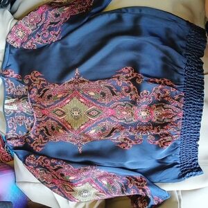 Willow Bay Blouse, puffy sleeve, elastic waistband,  navy/pink, sz M